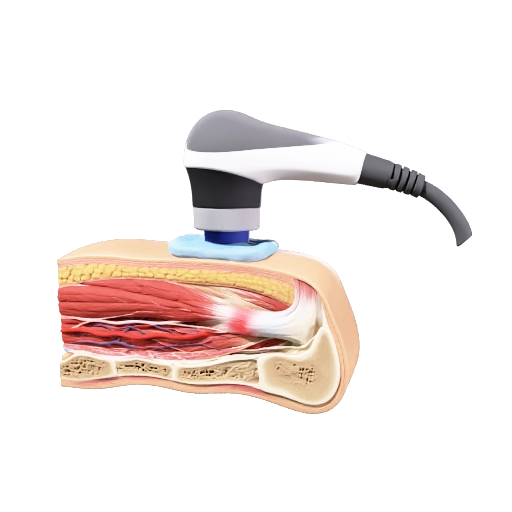 Animate only the shockwave pulses. Keep the therapy applicator, gel, skin, muscles, tendon and bone completely static. Show short acoustic shockwave pulses traveling from the applicator through the tissues toward the tendon. The pulses should move downward into the tissue and interact briefly with the tendon. Clean medical educational animation, realistic, subtle movement, 8 seconds, seamless loop, no text, no camera movement.
