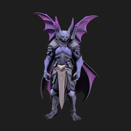An anthropomorphic bat wearing purple battle armor flies into battle carrying a detailed sword. Its body is covered in silvery scales and has a tarpon-like tail.