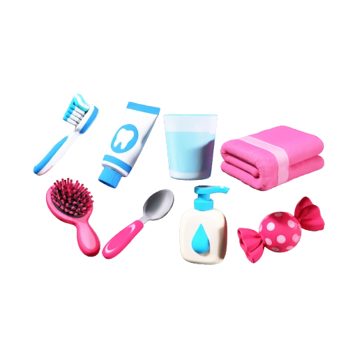 Convert the reference image into true 3D models. Preserve exactly these 8 objects: toothbrush, toothpaste, water glass, towel, hairbrush, spoon, soap, and candy. Give each object realistic depth and complete 360° geometry, not a flat 2.5D effect. Keep the colorful child-friendly educational style. Separate each object clearly. Transparent background. Optimize for mobile AR, preferably GLB/GLTF or USDZ.