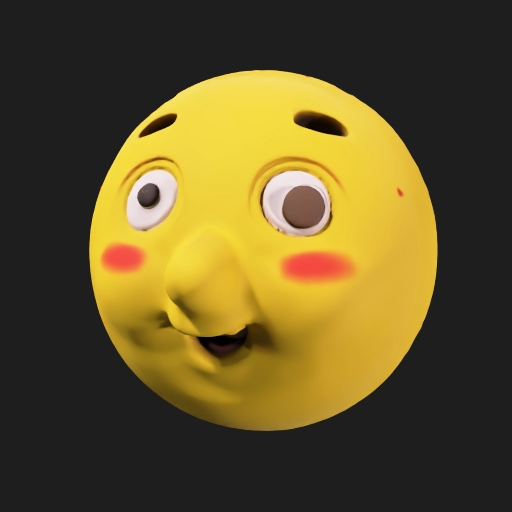 A round rolling ball character with a smooth spherical shape and bright yellow color. The ball has cute expressive eyes, a small friendly nose, and a smiling mouth on its front. Simple and clean 3D design, soft lighting, smooth surface, child-friendly cartoon style, playful and educational look, suitable for kindergarten children, high-quality 3D render, isolated background.