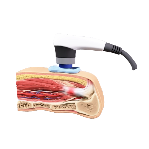 3D medical educational model for physiotherapy: extracorporeal shockwave therapy applied to the Achilles tendon. Show the therapy applicator on the skin, skin and soft tissue layers, Achilles tendon and underlying bone. Visualize several acoustic shockwave pulses traveling from the applicator toward the tendon. Realistic but simplified anatomy, clean educational design, no text, no labels.