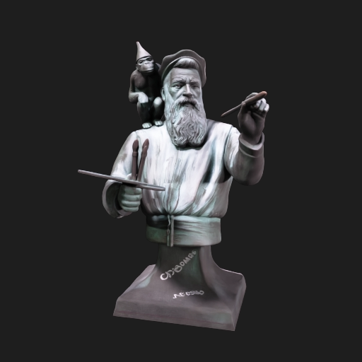 REMOVE BACKGROUND AND FIGURE OF PAINTER, LEAVING ONLY THE MONKEY IN THE SCULPTURE. PAY SPECIAL ATTENTION TO KEEP AND ACCURATELY GENERATE THE MONKEY'S FACIAL FEATURES, HAT, AND TEXTURES