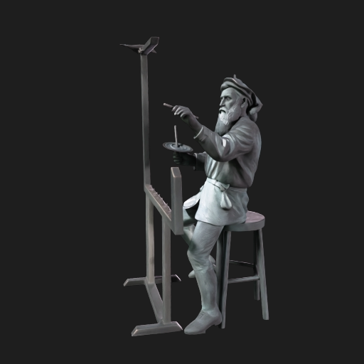 generate a 3d model of the presented statue. remove the background, and preserve the details of the monkey sitting atop the painter's shoulder, the crow sitting on the unfinshed frame, as seen in the picture, and do your best to preserve the textures of the statue