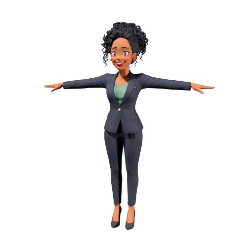 The model is a 2D Cell-Shaded Storybook Anime Ghibli Style Beautiful Brown Skin woman wearing  business attire.
