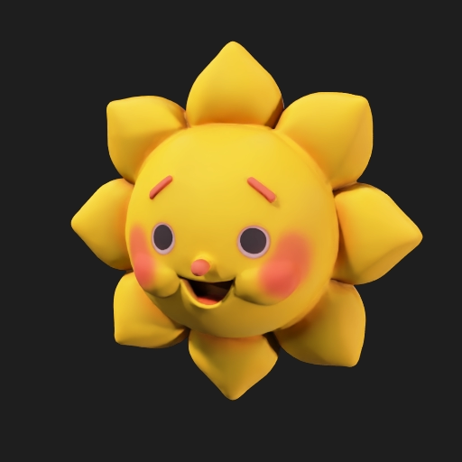 A cute 3D sun character with a round bright yellow body, big expressive eyes, a small friendly nose, and a smiling mouth. The sun has soft glowing rays around its body, a cheerful and warm expression, and a child-friendly cartoon style. Smooth shapes, soft lighting, high-quality 3D render, pastel colors, playful and educational look, suitable for kindergarten children, Pixar-style, clean background.
