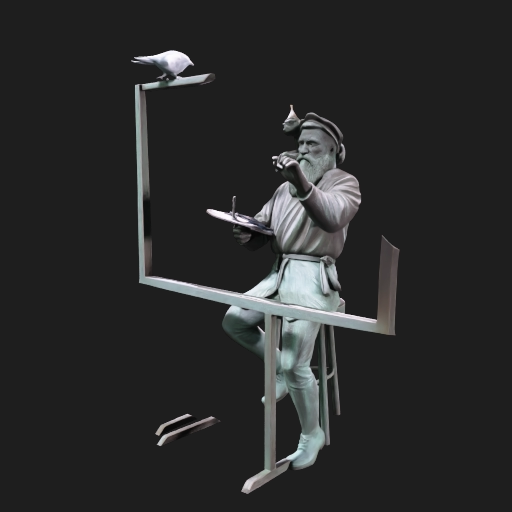 REMOVE ANY AND ALL BACKGROUND, GENERATE ONLY THE STATUE OF THE PAINTER, WITH THE MONKEY ON HIS SHOULDER, AS SHOWN, THE INCOMPLETE FRAME, AS SHOWN, AND THE CROW ON THE FRAME, AS SHOWN