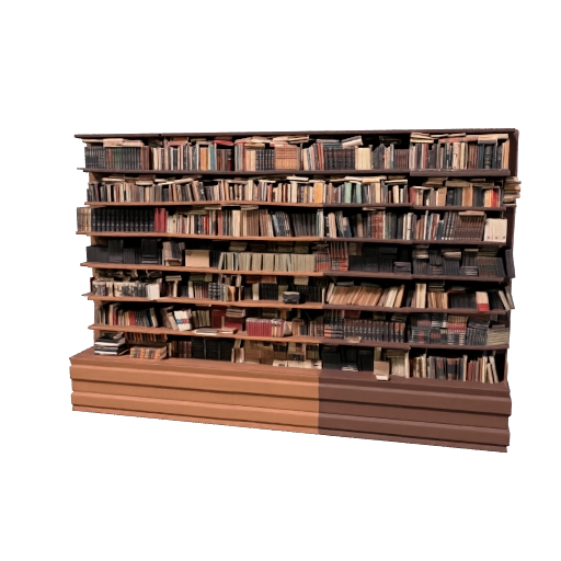Transform this reference image into a realistic 3D library bookshelf filled with books. Keep the overall appearance and structure of the bookshelf similar to the reference image. Optimize the model for augmented reality.
