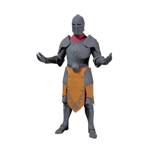 Create a full-body humanoid medieval knight, wearing layered plate armor over padded cloth, with articulated joints, a closed helmet, gauntlets, boots, straps, buckles, dents, and scratches. Show complete hands, feet, and believable armor proportions. Game-ready 3D character, isolated, no weapon, no environment.