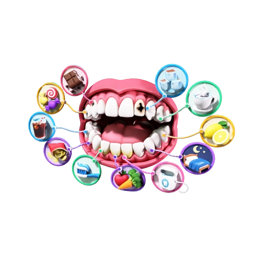Convert the reference image into a high-quality true 3D model for Augmented Reality (AR). Preserve the mouth, teeth, gums, cavities, plaque, and all surrounding objects. Use a colorful, child-friendly 3D educational cartoon style. Create real 360° geometry, not a flat 2.5D effect. Keep each object clear and recognizable. No text. Transparent background. Optimize for mobile AR, preferably GLB/GLTF or USDZ.