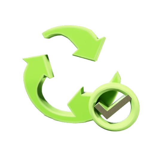 The recycling symbol next to a check mark. The check mark should be black and the recycling symbol should be green.