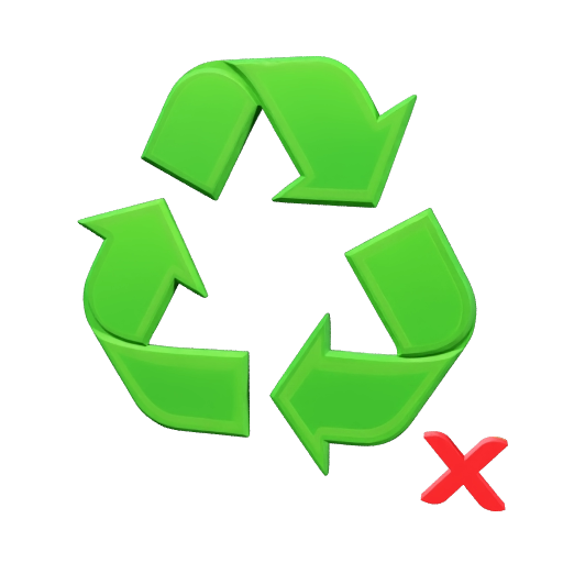 Generate a green image of the recycling symbol. On the bottom right side of the symbol, place a smaller red X.